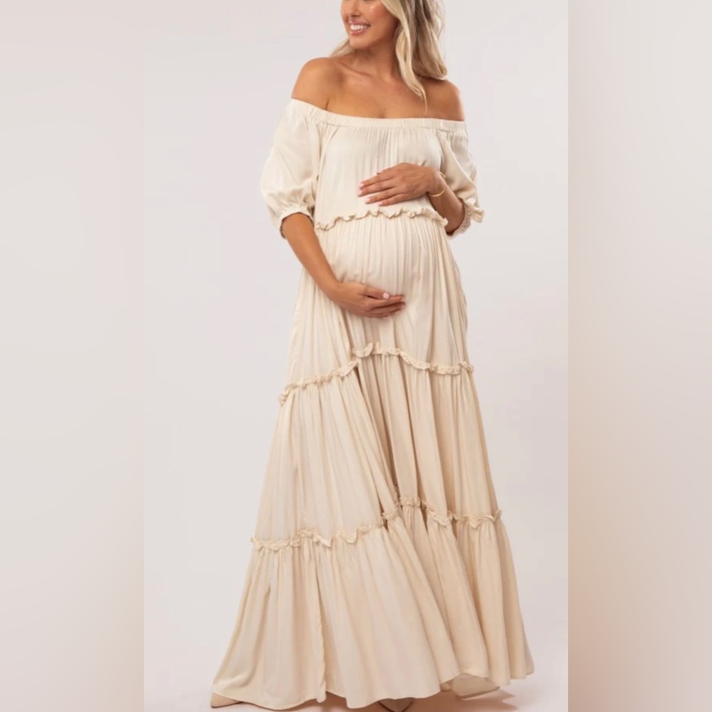 Pinkblush Cream Off Shoulder Ruffle Tiered Maternity Maxi Dress